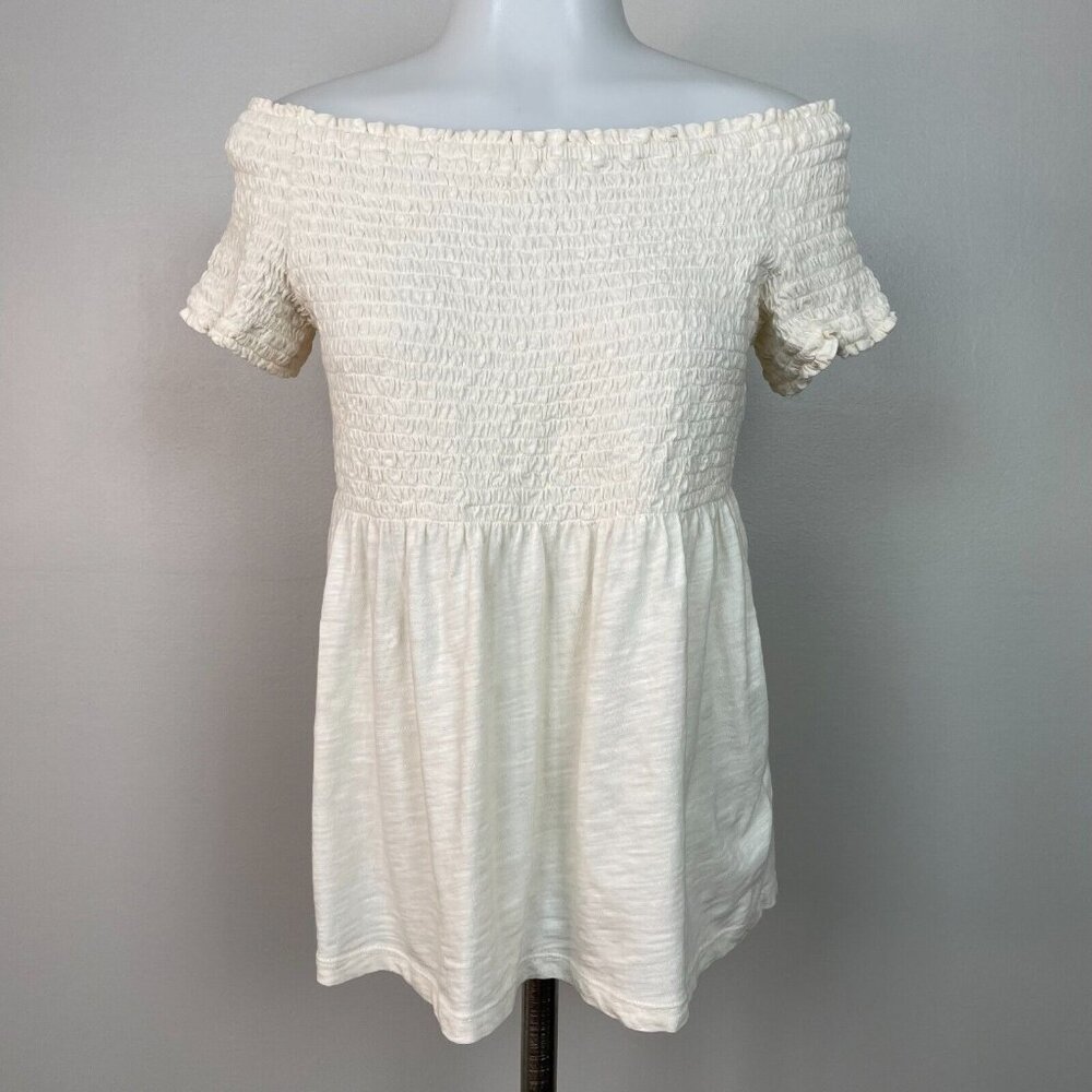 Old Navy Top Small Ivory Smocked Off-the-Shoulder Short Sleeve Blouse Cotton
